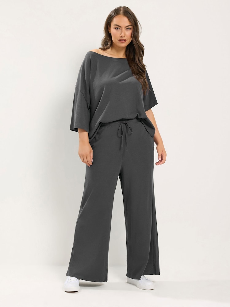 Yours Curve Grey Cotton Wide Leg Trousers - Image 2 of 6