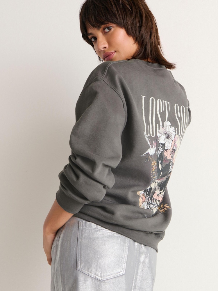 Charcoal Grey Lost Souls Back Graphic Washed Slogan Sweatshirt - Image 1 of 5