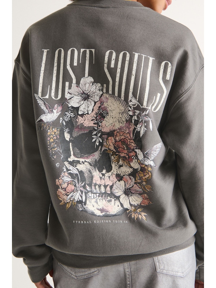 Charcoal Grey Lost Souls Back Graphic Washed Slogan Sweatshirt - Image 4 of 5