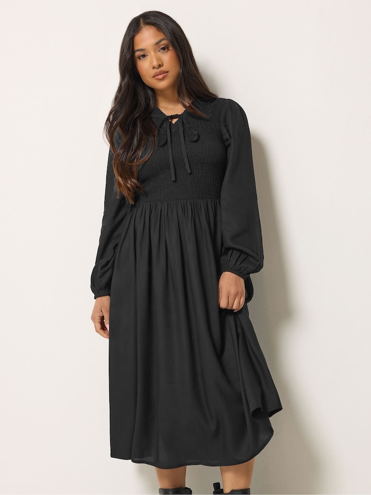PixieGirl Petite Black Shirred Midi Dress - Image 2 of 6