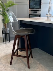 Fusion Living Black Soho Clear Plastic Bar Stool with Dark Wood Legs - Image 1 of 5