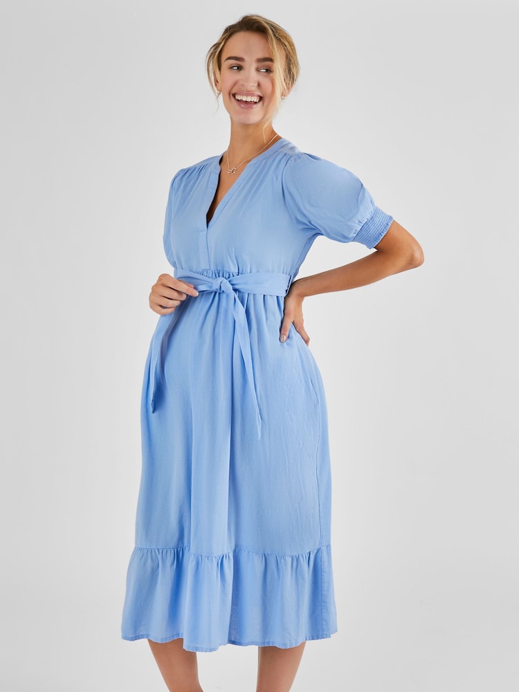 JoJo Maman Bébé Blue Linen Blend Maternity Midi Dress - Image 1 of 4