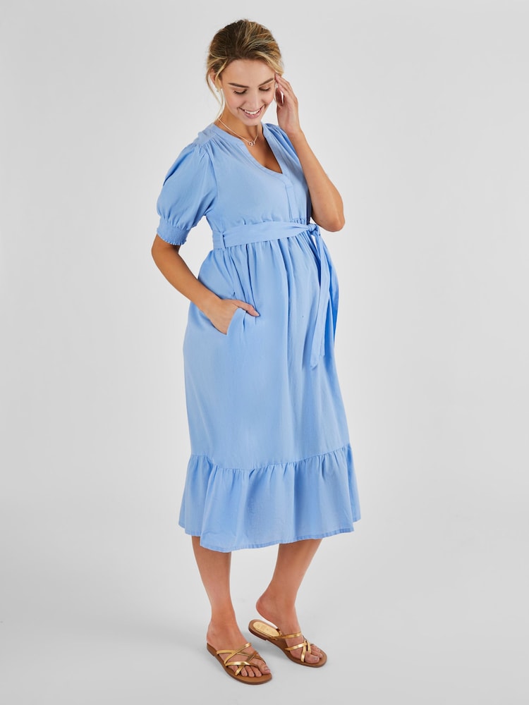 JoJo Maman Bébé Blue Linen Blend Maternity Midi Dress - Image 2 of 4