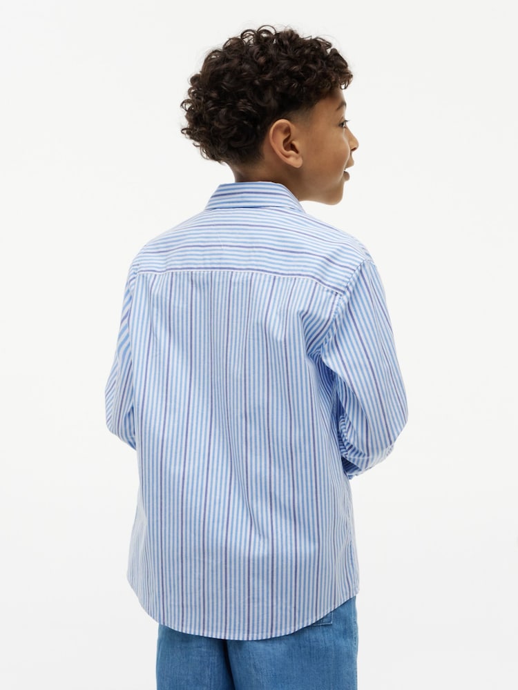 Tommy Hilfiger Blue Regular Fit Stripe Logo Embroidery Poplin Shirt - Image 2 of 6