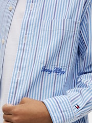 Tommy Hilfiger Blue Regular Fit Stripe Logo Embroidery Poplin Shirt - Image 4 of 6