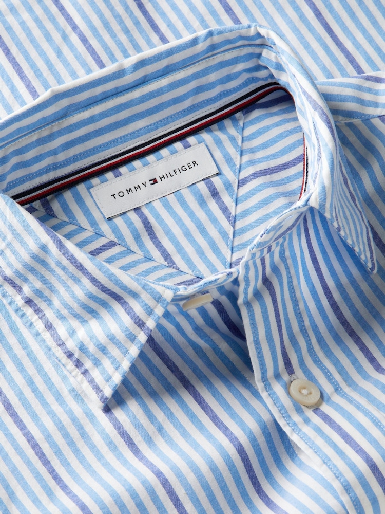 Tommy Hilfiger Blue Regular Fit Stripe Logo Embroidery Poplin Shirt - Image 6 of 6