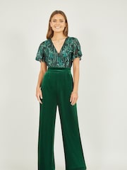 Yumi Green Sequin Embellished Velvet Jumpsuit With Angel Sleeves - Image 1 of 4