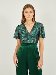 Yumi Green Sequin Embellished Velvet Jumpsuit With Angel Sleeves - Image 2 of 4