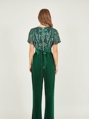 Yumi Green Sequin Embellished Velvet Jumpsuit With Angel Sleeves - Image 3 of 4