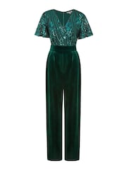 Yumi Green Sequin Embellished Velvet Jumpsuit With Angel Sleeves - Image 4 of 4