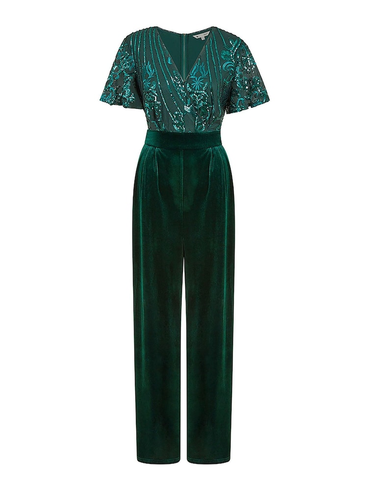 Yumi Green Sequin Embellished Velvet Jumpsuit With Angel Sleeves - Image 4 of 4