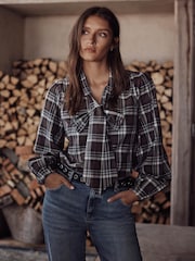 Mint Velvet Brown Checked Cotton Tie Neck Blouse - Image 3 of 8