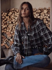 Mint Velvet Brown Checked Cotton Tie Neck Blouse - Image 4 of 8