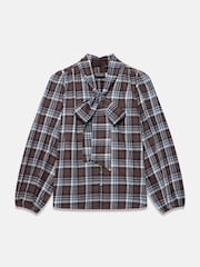 Mint Velvet Brown Checked Cotton Tie Neck Blouse - Image 7 of 8