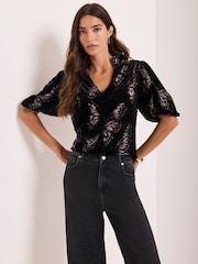 Mint Velvet Black Velvet Butterfly Detail Top - Image 1 of 8
