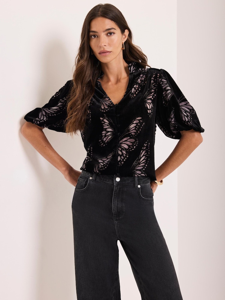Mint Velvet Black Velvet Butterfly Detail Top - Image 1 of 8 Mint Velvet Black Velvet Butterfly Detail Top - Image 1 of 8