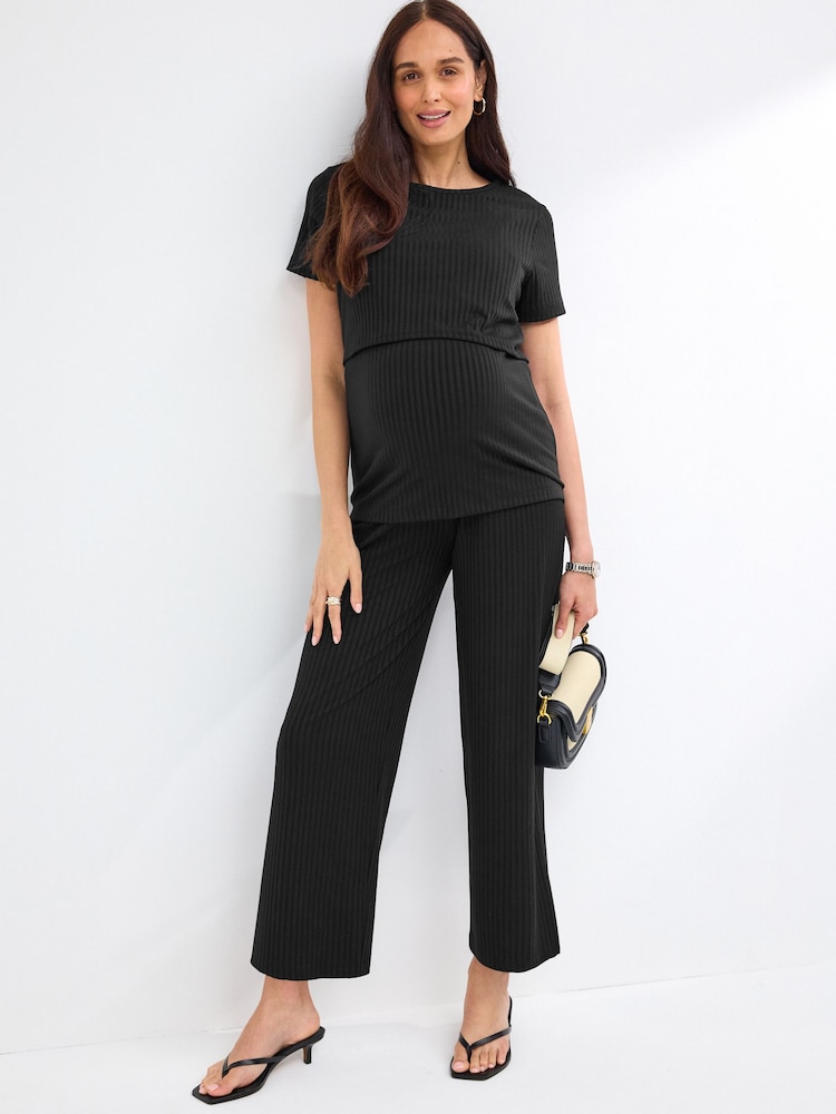 Black Maternity Rib Wide Leg Trousers - Image 1 of 8