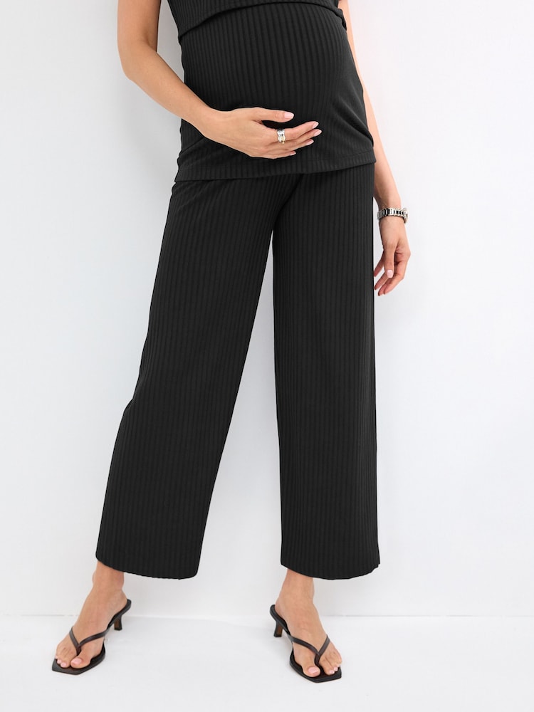 Black Maternity Rib Wide Leg Trousers - Image 2 of 8