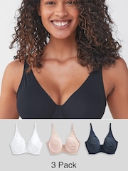 Navy Blue/Pink/White Non Pad Full Cup DD+ Cotton Blend Ultimate Comfort Bras 3 Pack - Image 1 of 5