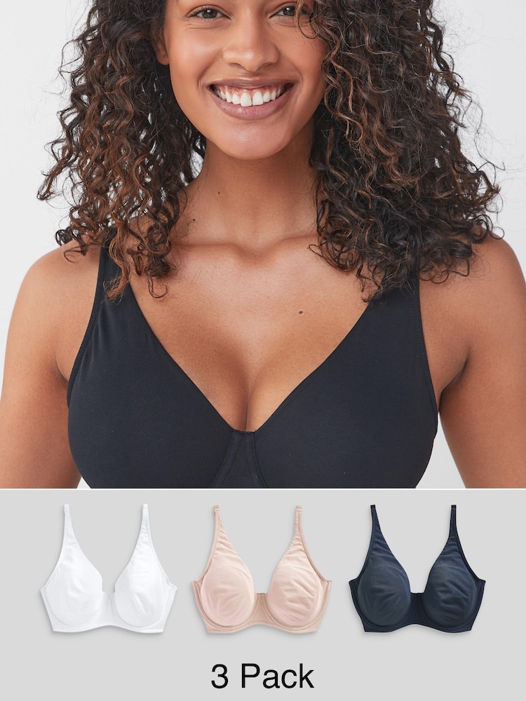 Navy Blue/Pink/White Non Pad Full Cup DD+ Cotton Blend Ultimate Comfort Bras 3 Pack - Image 1 of 5