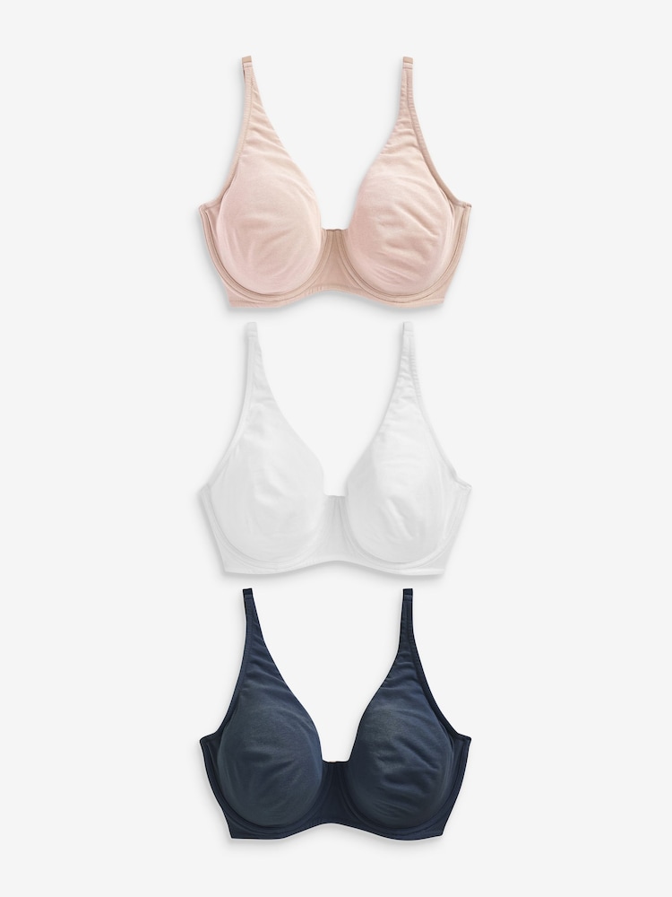 Navy Blue/Pink/White Non Pad Full Cup DD+ Cotton Blend Ultimate Comfort Bras 3 Pack - Image 2 of 5
