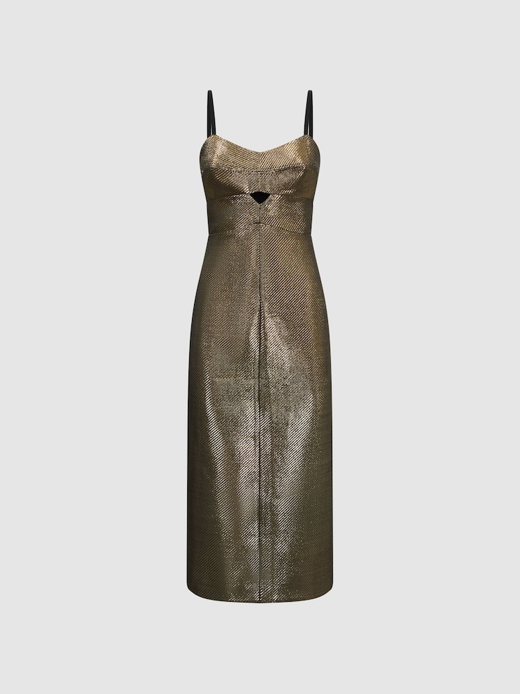 Reiss Gold Mina Metallic Bodycon Midi Dress - Image 2 of 4