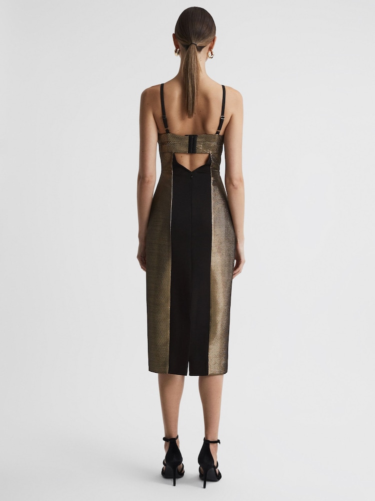 Reiss Gold Mina Metallic Bodycon Midi Dress - Image 4 of 4