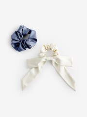 Blue/Ecru Bow Scrunchies 2 Pack - Image 1 of 9