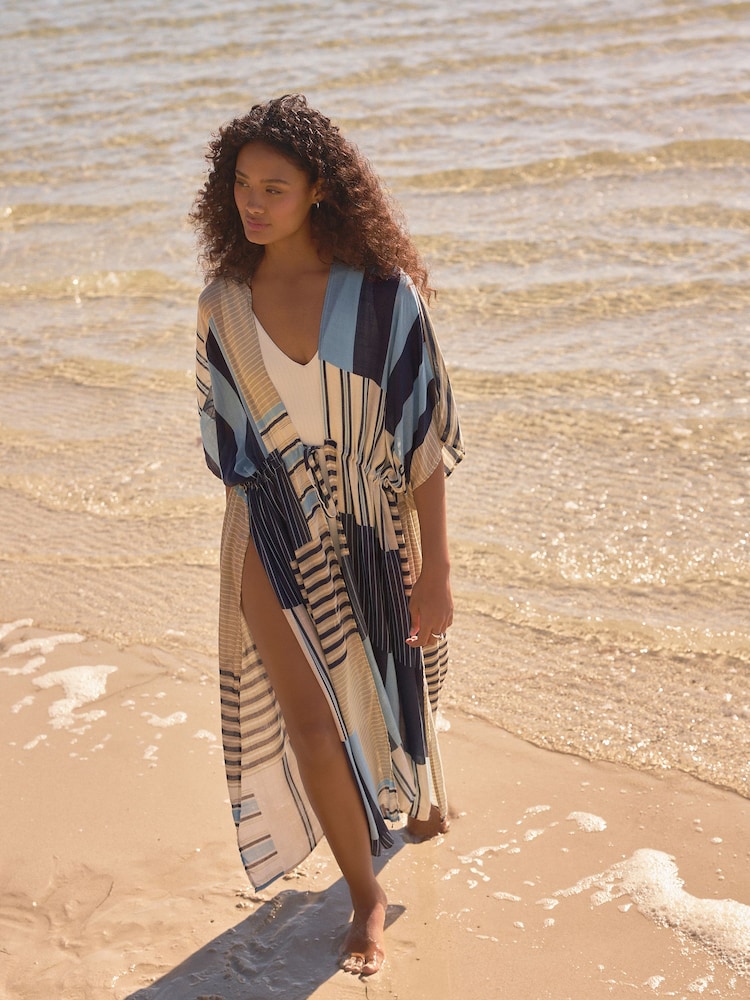 Blue Stripe Maxi Tie Waist Kimono Cover-Up - Image 2 of 8