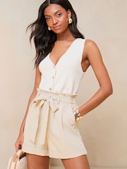 Lipsy Cream High Waisted Paperbag Belted Shorts - Image 2 of 4