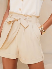 Lipsy Cream High Waisted Paperbag Belted Shorts - Image 3 of 4