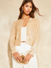 Lipsy Champagne Gold Sequin Cropped Jacket - Image 1 of 4