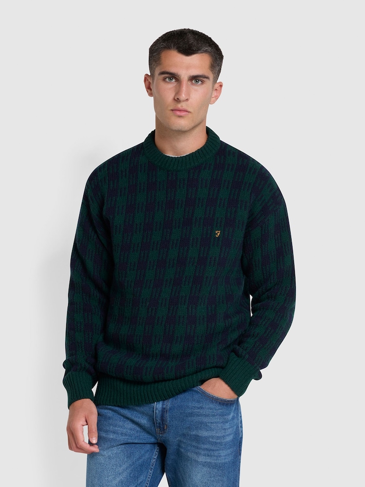 Farah Green Mossmun Crew Neck Check Sweater - Image 1 of 5