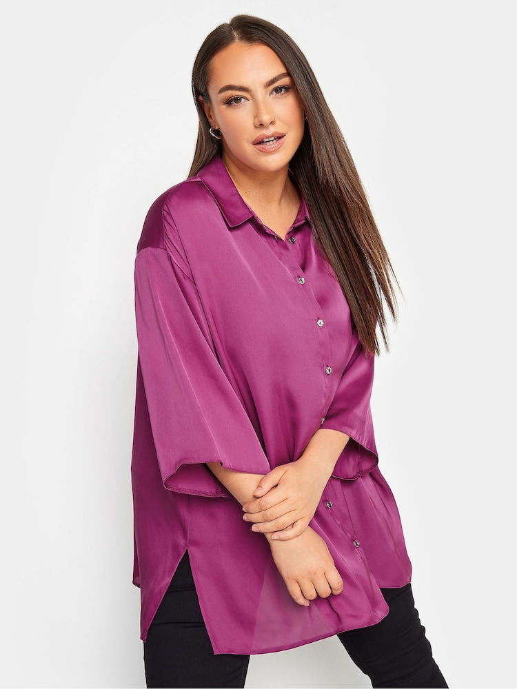 Yours Curve Pink Collared 3/4 Sleeved 100% Cotton Shirt - Image 1 of 5 Yours Curve Pink Collared 3/4 Sleeved 100% Cotton Shirt - Image 1 of 5