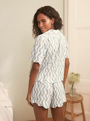 Laura Ashley Blue Wave Print Scallop Edge Cotton Button Through Pyjamas Shorts Set - Image 2 of 7