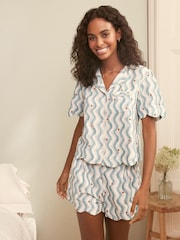 Laura Ashley Blue Wave Print Scallop Edge Cotton Button Through Pyjamas Shorts Set - Image 3 of 7