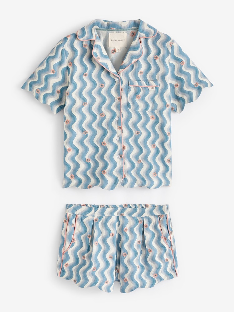 Laura Ashley Blue Wave Print Scallop Edge Cotton Button Through Pyjamas Shorts Set - Image 7 of 7