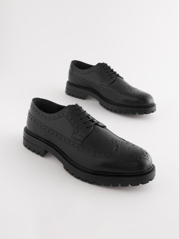 Black Leather Cleated Sole Brogue Shoes - Image 2 of 6