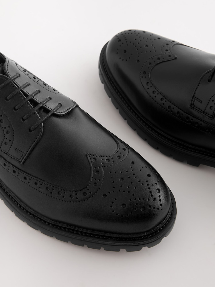 Black Leather Cleated Sole Brogue Shoes - Image 6 of 6