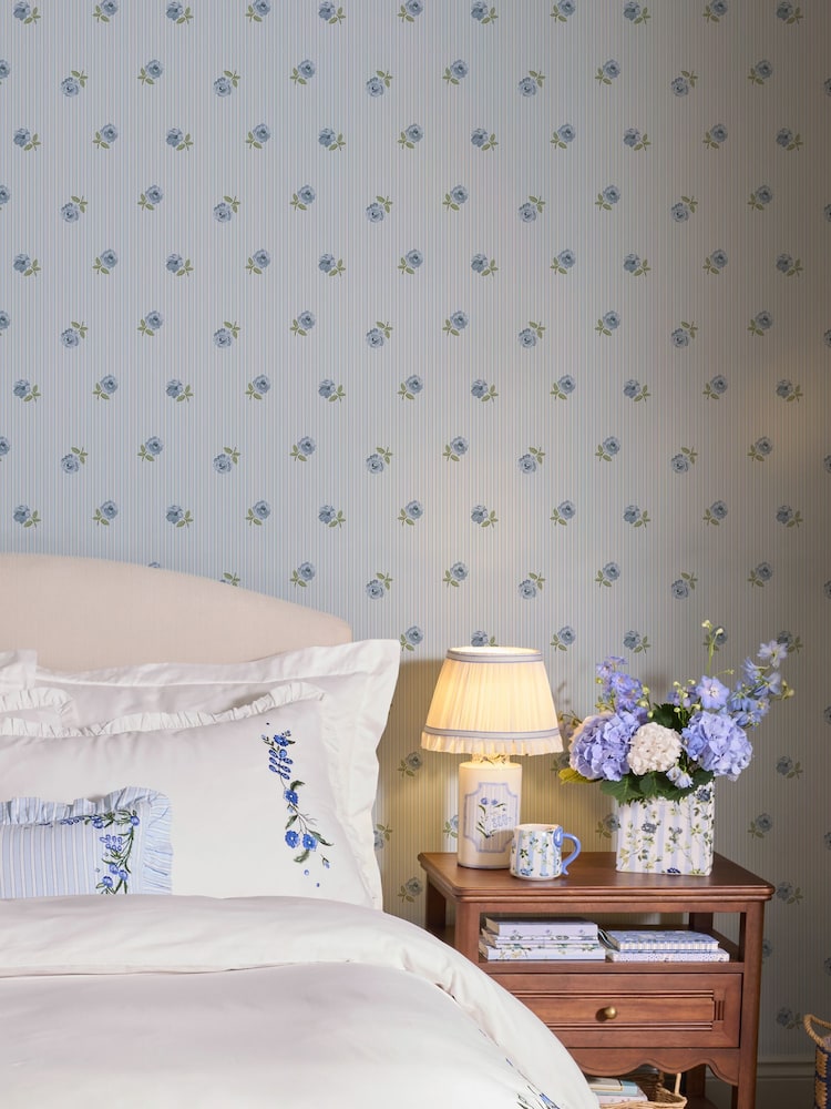 Cath Kidston Blue Rose Spaced Stripe A4 Wallpaper Sample - Image 1 of 5