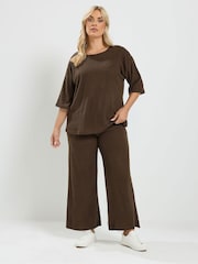 Yours Curve Brown Ribbed Top & Jogger Set - Image 1 of 7