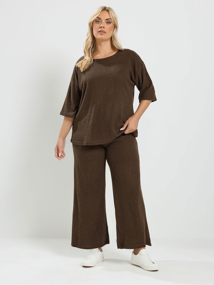 Yours Curve Brown Ribbed Top & Jogger Set - Image 1 of 7 Yours Curve Brown Ribbed Top & Jogger Set - Image 1 of 7