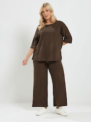 Yours Curve Brown Ribbed Top & Jogger Set - Image 2 of 7