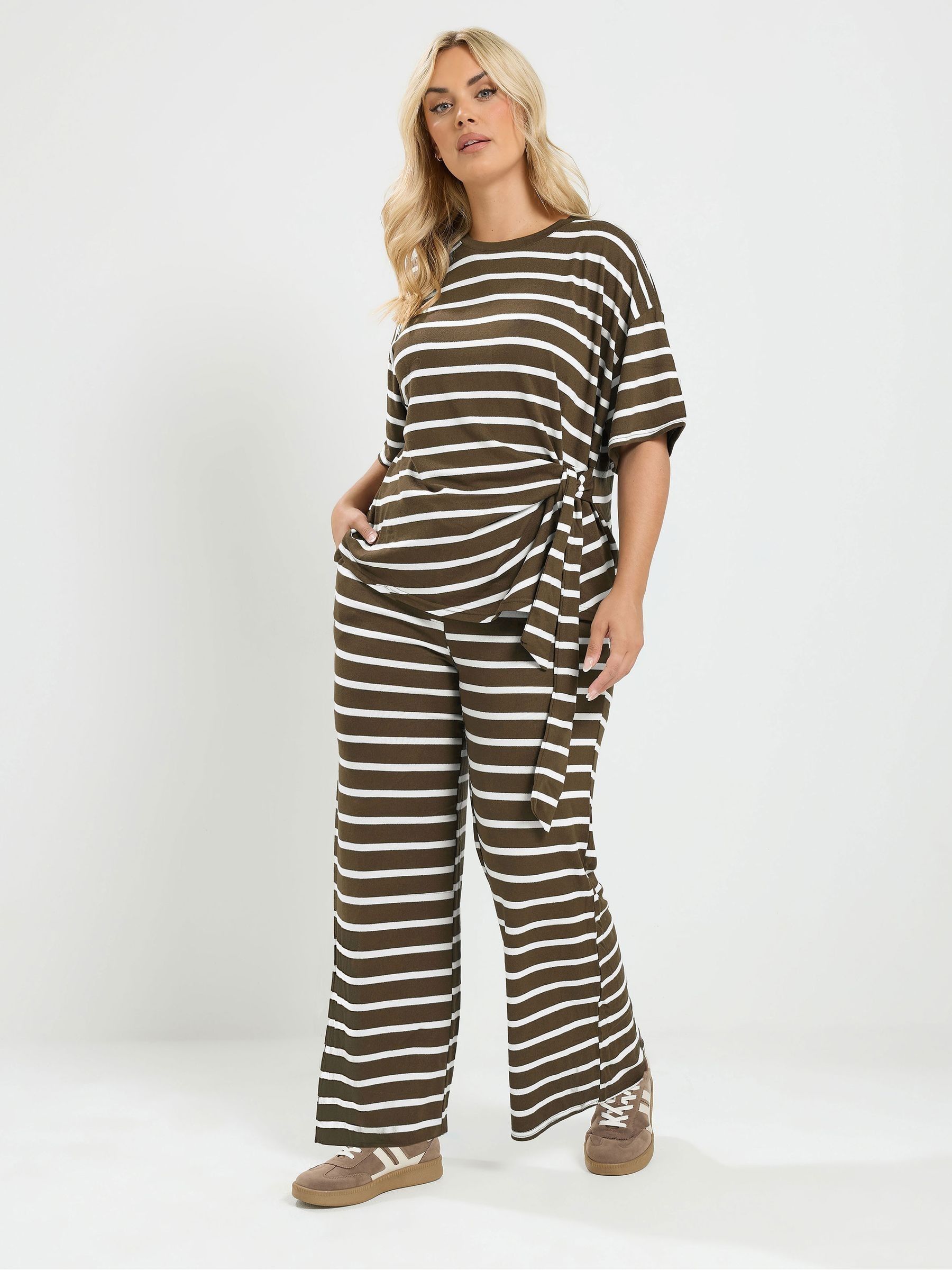 Yours Women's Brown Curve Stripe Tie Waist Trouser Set - Image 2