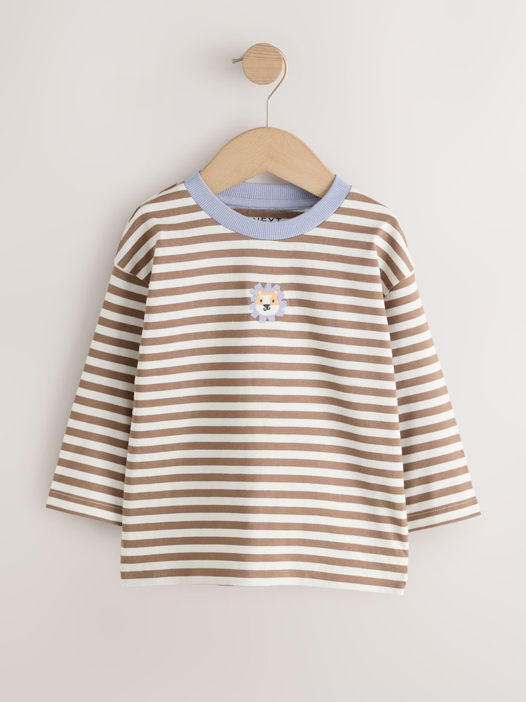 Brown/White Stripe Lion Long Sleeve Embroidered T-Shirt (3mths-7yrs) - Image 1 of 4 Brown/White Stripe Lion Long Sleeve Embroidered T-Shirt (3mths-7yrs) - Image 1 of 4