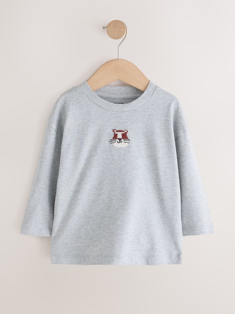 Grey Tiger Long Sleeve Embroidered T-Shirt (3mths-7yrs) - Image 1 of 4 Grey Tiger Long Sleeve Embroidered T-Shirt (3mths-7yrs) - Image 1 of 4