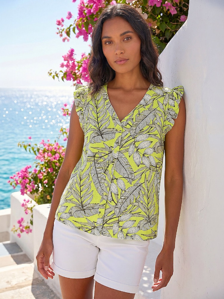 Roman Green Tropical Print Frill Sleeve Vest - Image 1 of 4 Roman Green Tropical Print Frill Sleeve Vest - Image 1 of 4