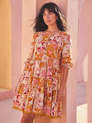 Roman Orange Patchwork Smock V-Neck Dress - Image 1 of 5