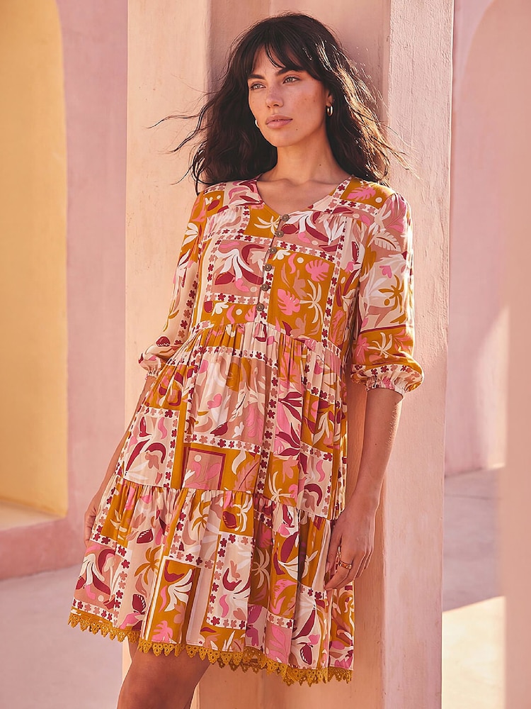 Roman Orange Patchwork Smock V-Neck Dress - Image 1 of 5