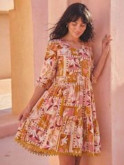Roman Orange Patchwork Smock V-Neck Dress - Image 3 of 5